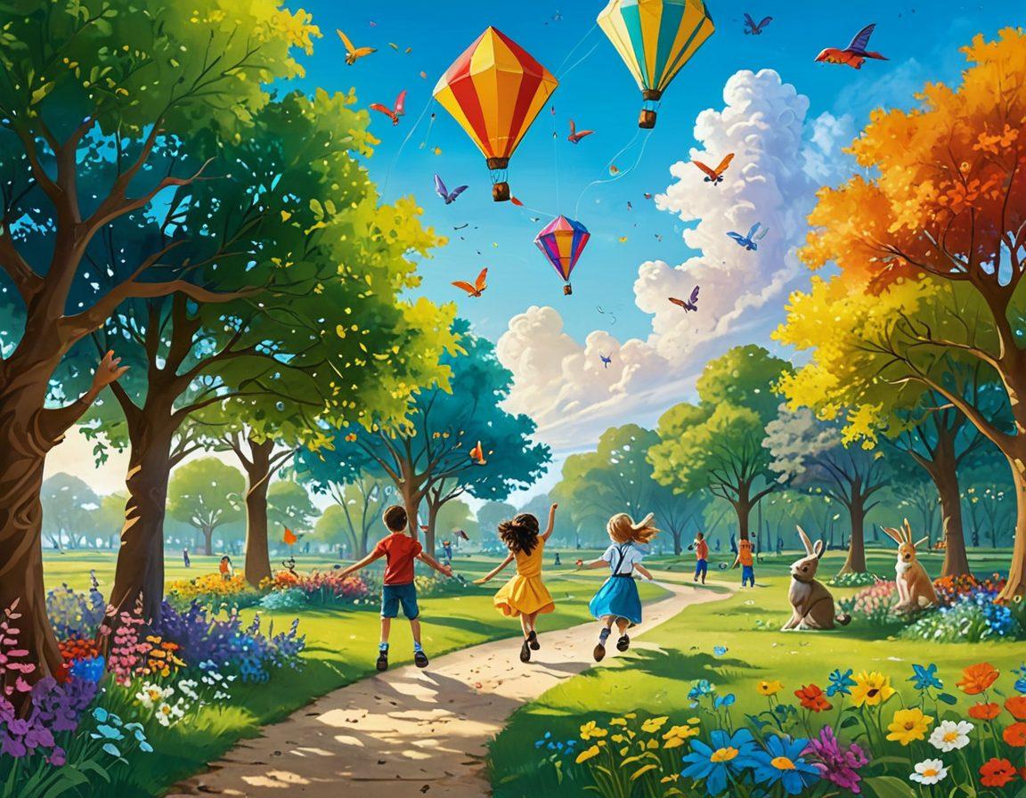 A whimsical landscape featuring children of diverse backgrounds joyfully playing together in a lush green park, with colorful kites soaring in the sky and vibrant flowers blooming all around. The scene captures the essence of laughter and connection through games and creativity. Add playful animals joining in the fun, such as rabbits or birds, to enhance the cheerful atmosphere. bright colors. storybook illustration. magical realism.