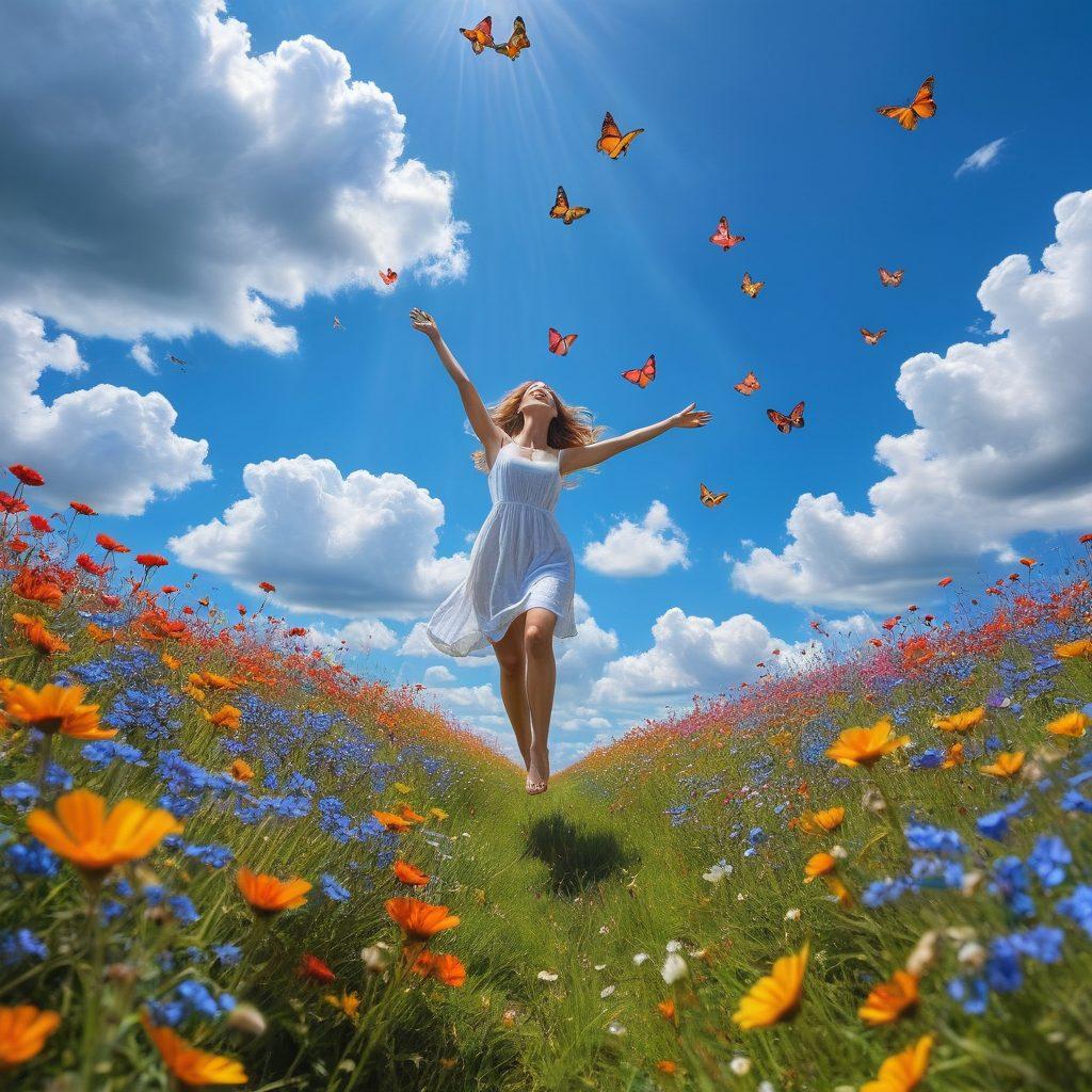 A serene scene depicting a person gliding through a sunlit meadow, arms outstretched as if flying, surrounded by colorful butterflies and wildflowers, embodying a sense of freedom and ease. In the background, a clear blue sky and soft, fluffy clouds enhance the feeling of joy and tranquility. super-realistic. vibrant colors. dreamy atmosphere.