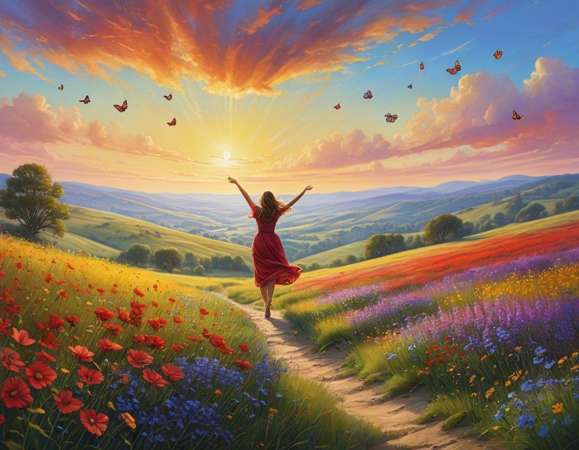 A serene landscape featuring a sunlit meadow filled with vibrant wildflowers, a person dancing joyfully with arms wide open, butterflies fluttering around, a clear blue sky overhead, and gentle rolling hills in the background. This scene embodies happiness and freedom, inviting viewers to embrace life's simple pleasures. vibrant colors. super-realistic.